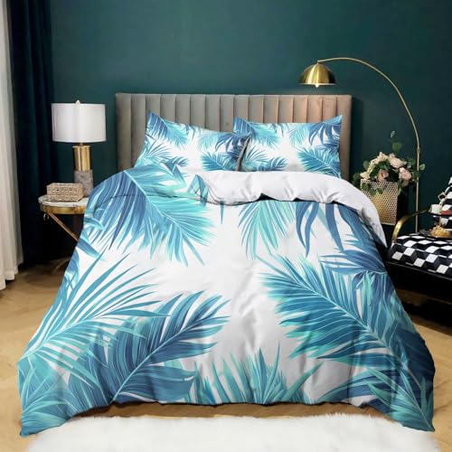 Bleu Et Turquoise Housse de Couette 140x200 Feuilles de Palmiers tropicaux Parure de Lit 1 Personne, 3D Imprimé Enfants en Microfibre Douce Respirante Housse...