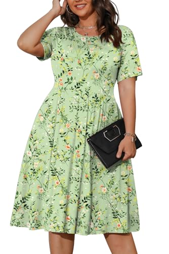 Image of POSESHE Womens Plus Size Summer Dress 2026 Casual Short Sleeve Empire Waist Loose Fit Swing T-Shirt Dress with Pockets