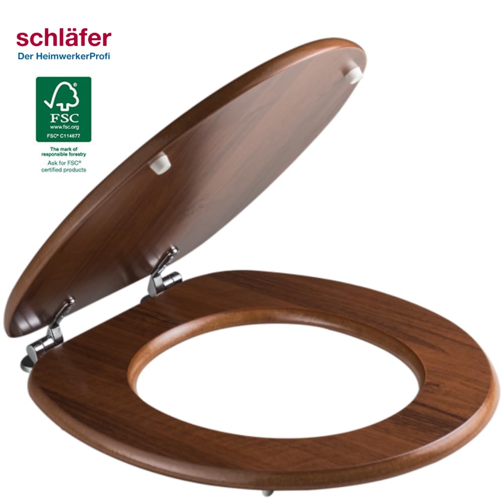 Schläfer 4637173 | Weser- WC-Sitz Walnuss Dunkel Holz-Mdf, WC-Sitzauflage, Toilettendeckel, Universal Toilettensitz in Universaler O Form, Klodeckel, Metal Verchromte Scharniere, Ovale Klobrille