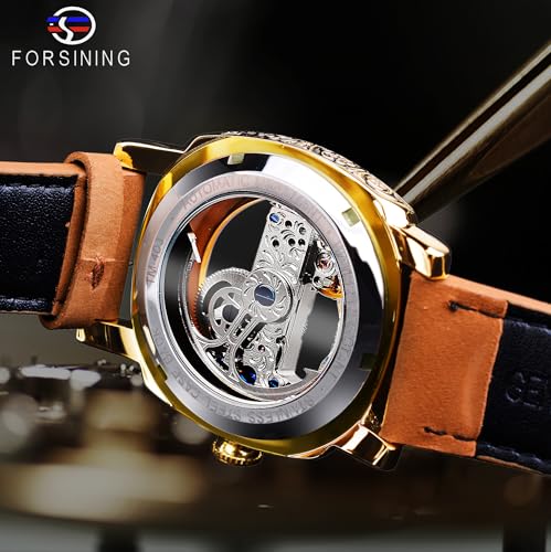 Image of FORSINING Men's Luxury Square Carving Mechanical Watch, Retro Totem Double Sided Hollow Skeleton Self-Wind Automatic Watches, Vintage Leather Strap Wristwatch Reloj para Hombre