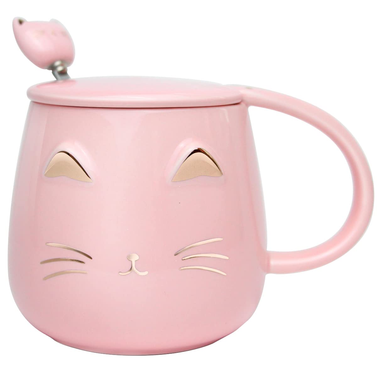 Cat Mug Cute Coffee Mug gifts for cat lovers Ceramic Cup, Novelty Mug with Lid and Stainless Steel Spoon, Christmas Birthday Gifts Present for kids Women Girls (pink)