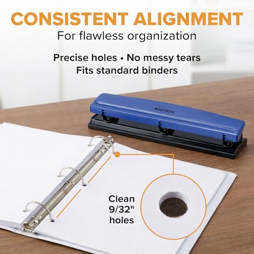 Image of Bostitch 3-Hole Punch, 15 Sheet Capacity, Heavy Duty All-Metal Paper Punch, Non-Slip Base, Easy-Empty Chip Tray, 9 /32 inch Holes, Fits Standard 3 Ring Binders, Office, School & Home, Blue