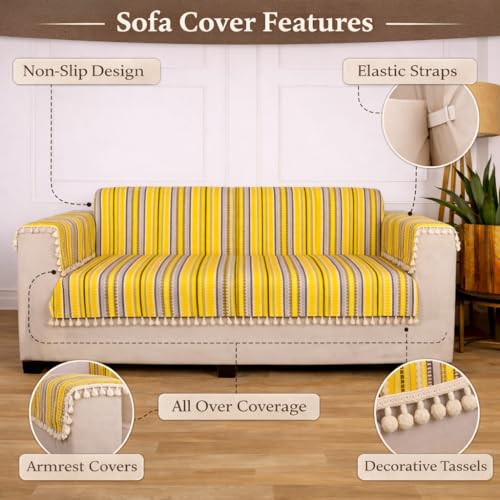 Image of Gifts Island 1 Seater Cotton Sofa Cover Mat | Anti Slip Armchair Cover Throw | All Over Furniture Protector with Elastic Straps | Washable Couch Cover for Living Room (Yellow, 1 Seater)