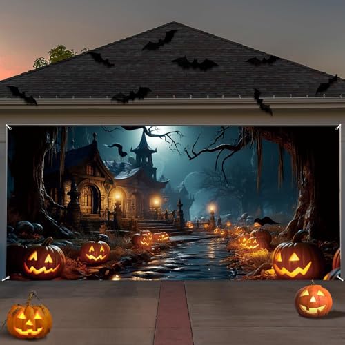 Bannière déco garage Halloween 16x7pi château citrouille lune chauve-souris