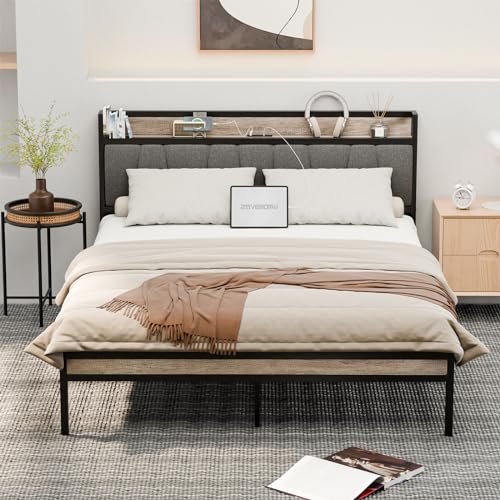 Queen Bed Frame with Charging Station, Dual USB Ports & Dual Power Outlets, Queen Size Bed Frame with Headboard, Wooden Platform Queen Bed Frame