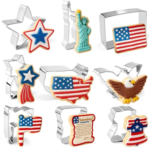 9 Pieces 250th Anniversary Cookie Cutters Set, Stainless Steel Patriotic Biscuit Molds Includes Liberty Bell, Independence Declaration, Map, Flag, Eagle, for Independence Day Baking Decorations