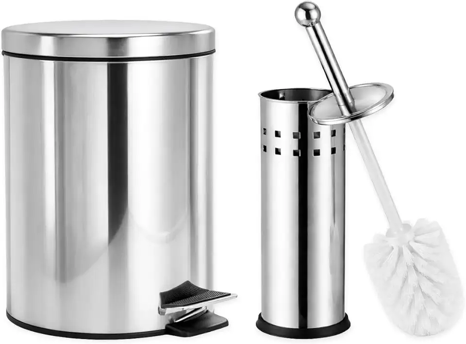【Cozena】 Kit Lixeira 12L Inox e Escova Sanitária com Pedal e Balde Interno | Design Moderno e Elegante para Banheiro e Cozinha