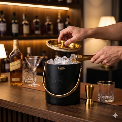 Image of finality Premium Stainless Steel Ice Bucket with Tongs and Jigger - 1 Litre Double Walled Insulated Ice Box for Bar, Home & Parties (Black Gold Mirror IB + Tong + Jigger)