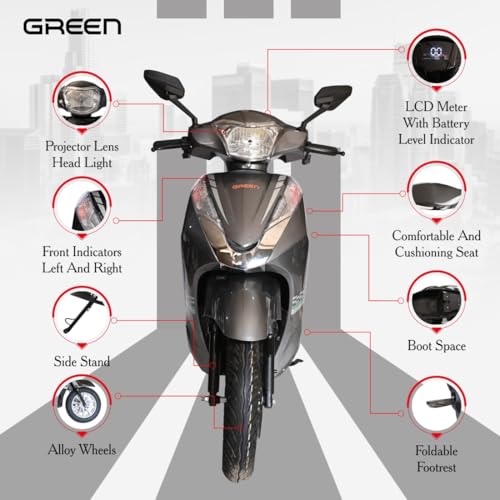 Image of Green Elaan Low Speed Electric Scooter Non RTO 60KM Range Grey with Portable Charger