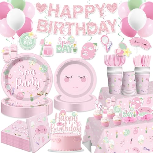205 Pcs Spa Party Decorations Serves 25 Guests Disposable Tableware Set with Banner Balloons Cake Toppers Plates Napkins Tablecloth - Easy Assembly Spa Birthday Party Supplies for Girls
