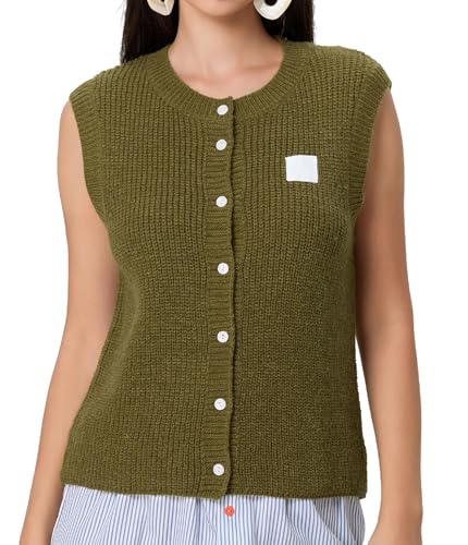 Image of Women Chunky Button Sweater Vest Sleeveless Round Neck Rib Knitted Tank Top Y2k Knitted Cardigan Vest Shirt