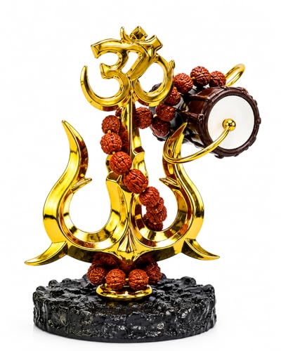 Image of Hindu Trishul Damroo Idol with Original Rudraksha | Small Murti for Car Dashboard, Home Decor, Office Table, Pooja | Spiritual Gift Item | 11 cm