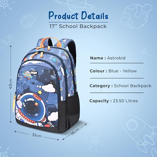 Image of Gear Astro Kid 17 inch /23.5L Medium Water Resistant School Bag | Casual Backpack | Daypack | Travel Backpack | Kids Bag for Boys /Girls (Blue - Yellow)
