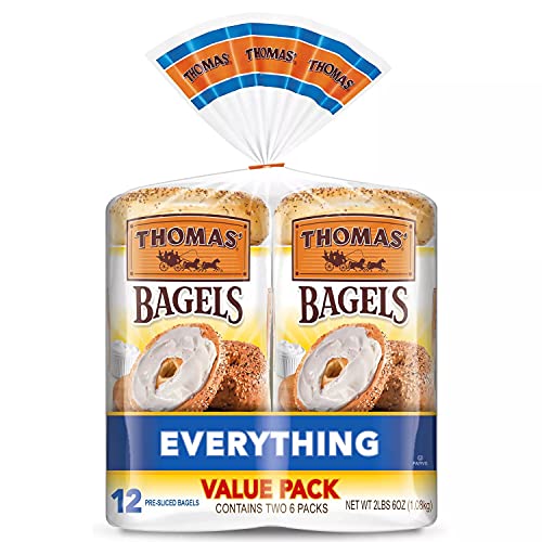 Gourmet Kitchn Thomas' Everything Soft and Chewy 12 Pre Sliced Bagels, Value Pack - 1 Box (18oz / 2pk, 12 Ct.), Total 12 Bagels