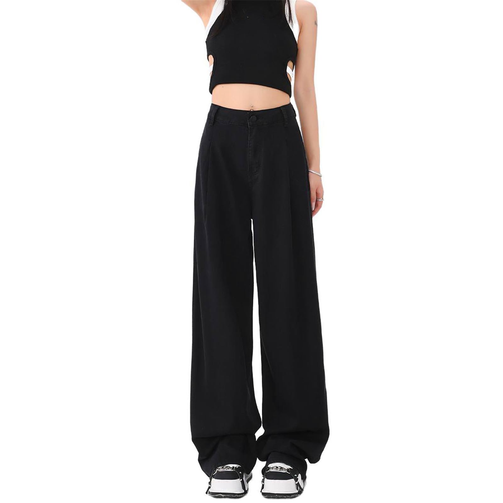 Pantalones Vaqueros para Mujer Pierna Recta Negro Verano Tiro Alto Sueltos