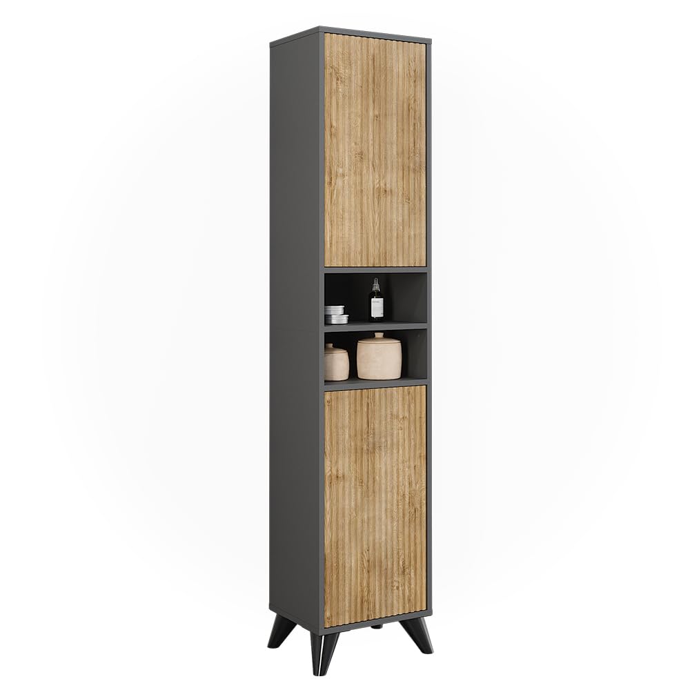 Vicco Mobiletto da bagno Leano, Antracite/quercia di montagna, 38 x 180 cm con 2 porte, adatto per la conservazione di articoli da bagno e asciugamani