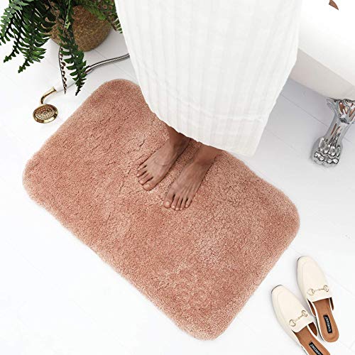 Asrug Bathroom Rug Bath Mat Non Slip Shower Shaggy Floors Mat Water Absorbent Plush Machine Washable Soft Mirofiber Carpet, Blush, 20"x32"