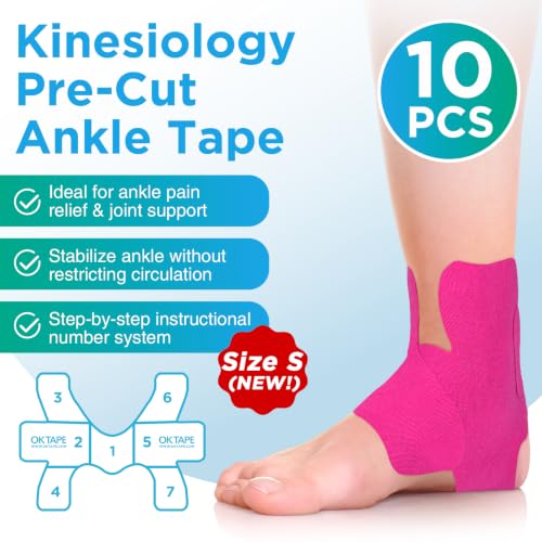 Image of OK TAPE Precut Kinesiology Ankle Tape for Women, Elastic Athletic Tape for Pain Relief, Ankle Sprain, Stability, Breathable Cotton, Daily Use - Pink, S Size, 10 Pcs