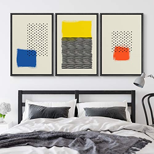 Nwt Framed Wall Art Print Set Blue, Yellow & Red Color Blocks With Dots Abstract Shapes Illustrations Modern Art Minimalist Group Colorful For Living Room, Bedroom, Office - 16"X24"X3 Black #TOP2