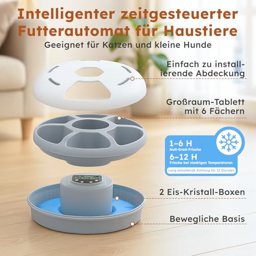 Futterautomat Katze Nassfutter Katzenfutter Automat mit Kühlung, Nassfutterautomat für Katzen Kabellos, 6 Mahlzeiten Katze Hund, 2 Kühlakkus, Automatischer Futterspender Hund mit Akku Timer