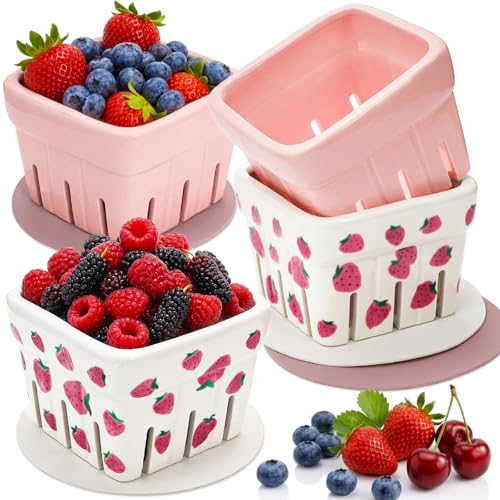 Image of Pumtus 4 Pack Ceramic Berry Baskets, 4.7 inch Square Fruit Bowl with Holes & Pads, Pink White Fridge Berry Container, Decorative Strawberry Grape Cherry Colander, Fruit Crate Holder for Gift Kitchen