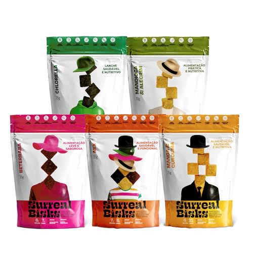 Kit 5 Snacks Proteícos - 1 Mix Sabores Variados + 4 Snacks Beterraba, Chlorella, Manga/Cúrcuma e Mandioca/Alecrim - Vegano, Sem Glúten e Lactose - 35g Surreal Bisks