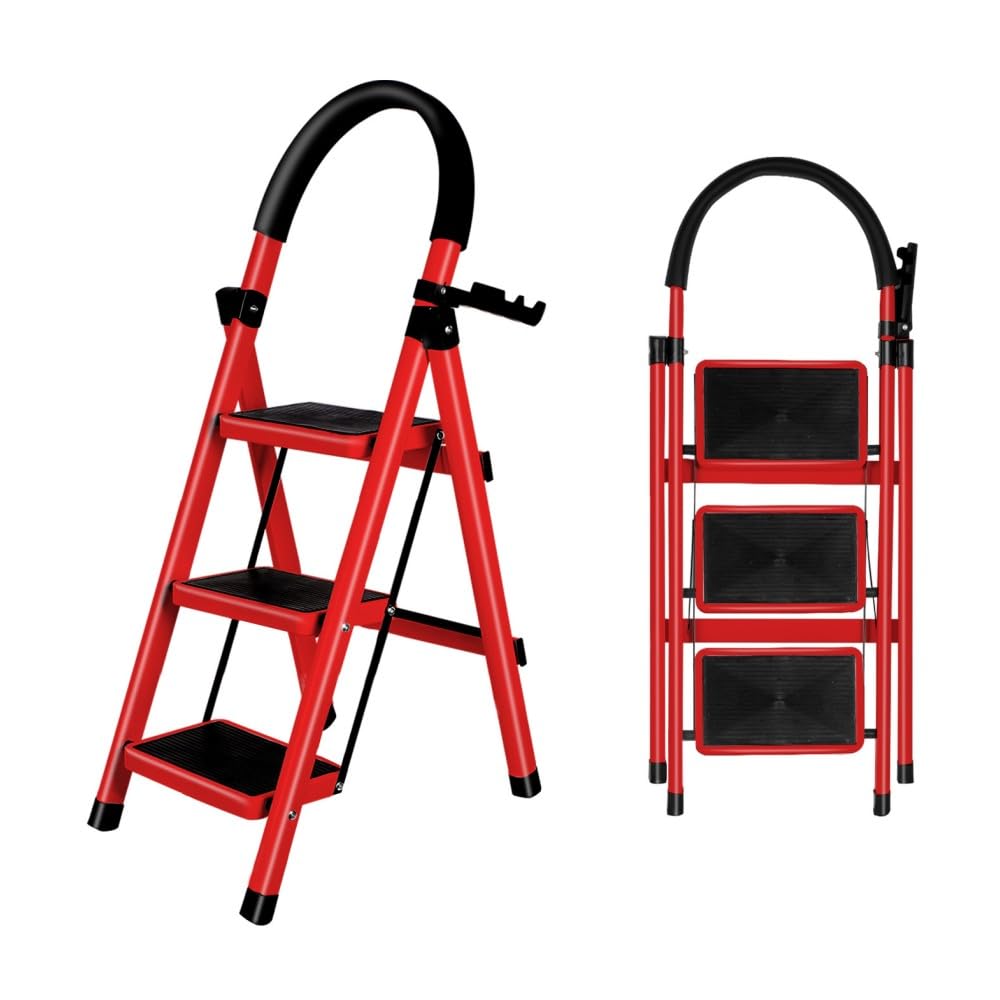 OHMG Escabeau en Acier 3 Marches Tabouret Marche Pied Pliant Echelle avec Pieds Anti Dérapant Max 150kg,Échelle Pliable avec Marches et Pieds Antidérapants,Charge 150 kg