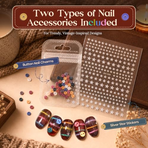 Image of Beetles Mocha Sweater Cat Eye Gel Nail Polish Set, 6 Colors 9ml Fall Gel | Brown-Based Iridescent Cat Eye Gel Kit Magnetic Effect, Button Charms & Star Stickers & Magnet, Soak Off UV Salon at Home
