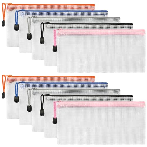 FYY メッシュジッパーバッグ B6メッシュファイルポケット - 10枚パック ファイル バッグ ジッパー式 ファスナーフォルダー 24×12.5cm 5色 おしゃれ 透明 オフィス用品 領収書小切手収納 鉛筆収納 旅行 化粧品 小物 収納バッグ ビルポー
