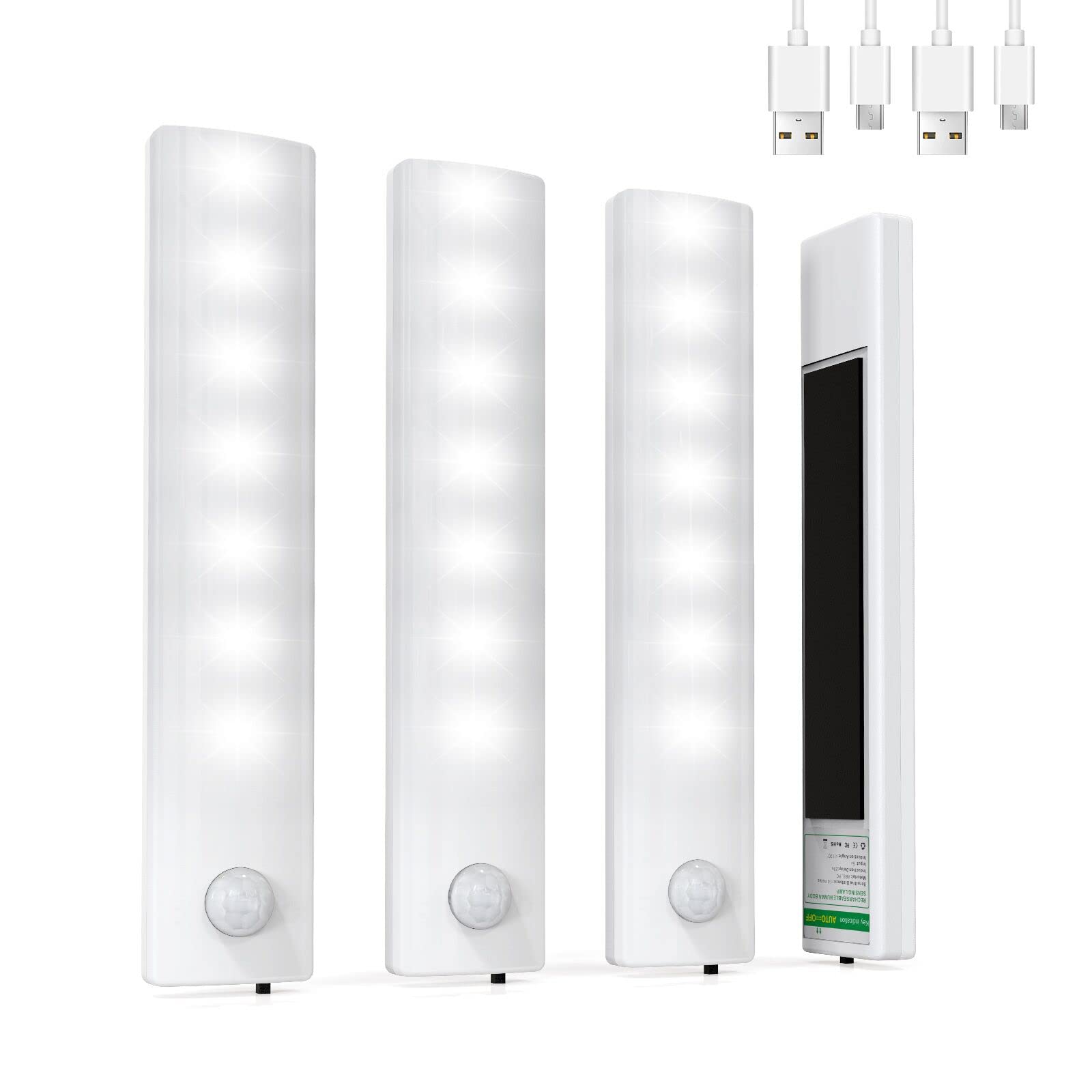 Under Cabinet Lights,LED Rechargeable Battery Operated Motion Sensor Light Indoor, 4 Pack Closet Lights Under Counter Lights for Kitchen,Cupboard,Stairs (White Light)