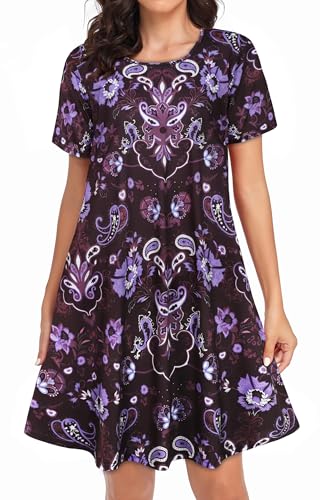 Image of Womens Summer Dresses Beach Casual Loose Tshirt Floral Short Sleeve Flowy Pockets Sundresses 2026