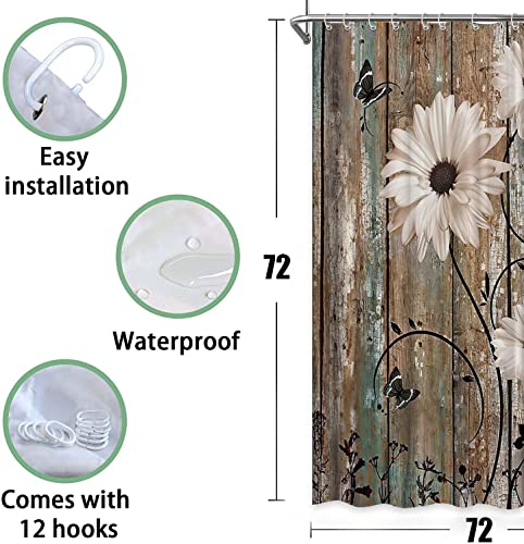 Rustic Barn Door Floral Shower Curtain, Vintage White Daisy Butterfly Teal Brown Countryside Western Bathroom Curtain Sets, Fabric Farmhouse Decor 72 X 72 Inch #TOP3