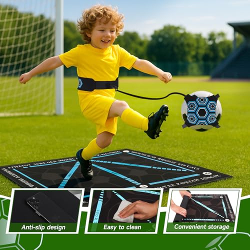 Strixorn Fussball Matte Ballkontrolle Trainingszubehör,60x90cm Fußball Schritt Trainingsmatte mit Verstellbarer Hüftgurt Fußball Stoßdämpfende FußBall Trainingsmatte für Kinder
