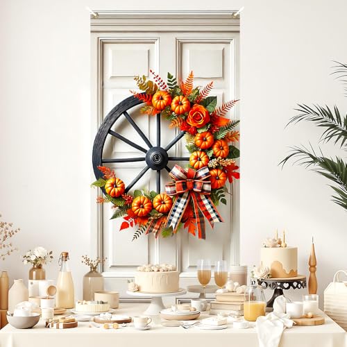 Image of Fall Wagon Wheel Door Cover 35x71in Pumpkin Plaid Bow