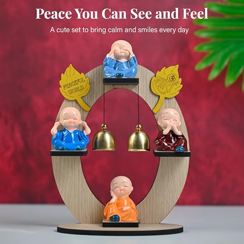 Image of ZAICUS Monk Showpiece Set of 4 | Buddha Monk Figurines with Hanging Bells | Home Office Decor, Ideal for Living Room | Housewarming Birthday Gift