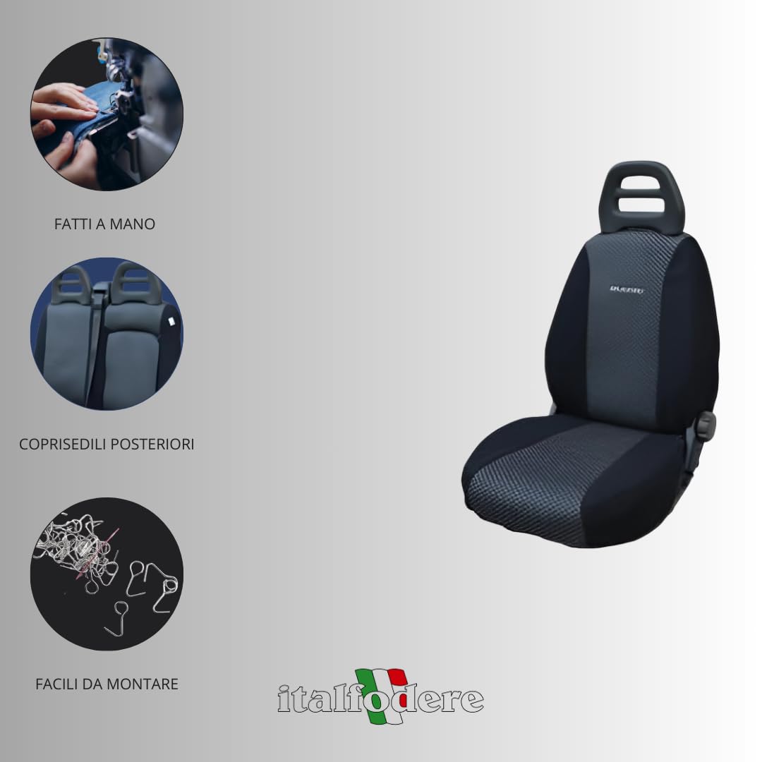 Italfodere - Coprisedili Auto Anteriori - Compatibili con Fiat Ducato 3 Posti con Vano Apribile - Fatti a Mano - Gommapiuma e Poliestere - Accessori Auto Interno - Made in Italy - Nero