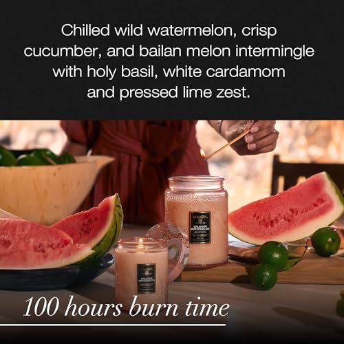 Image of Voluspa Kalahari Watermelon, Large Candle Jar, 18 oz, 100 Hour Burn Time, Coconut Wax for Clean Burning, Handcrafted in the USA