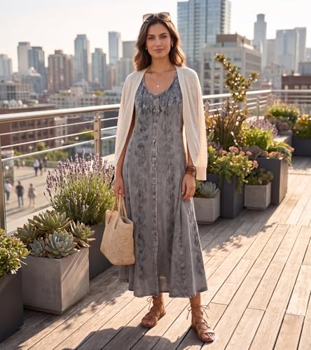 Image of Sakkas Maya Floral Embroidered Sleeveless Button Up Rayon Dress