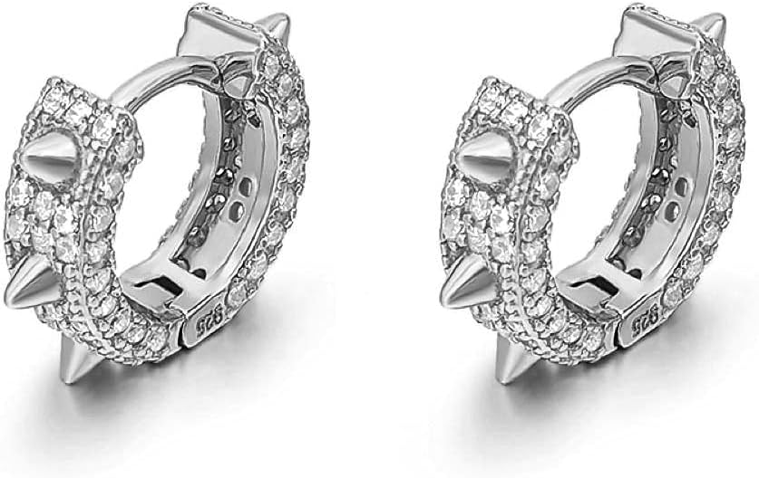 Iced Cz White Gold Plated 925 Sterling Silver Post Cool Punk Style Small Trendy Spike Thorn Hoop Earrings for Men Women Spiked Hypoallergenic Huggie Hoops Earrings