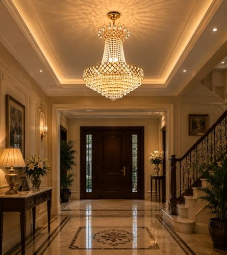 Image of Crystal Metal Chandelier Ceiling Lamp, Gold Clear