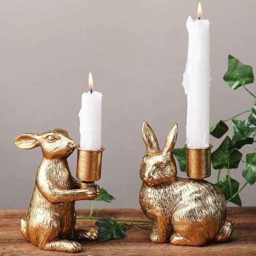 Sliner 2 Set Easter Bunny Candle Holders Rabbit Gold Taper Decorations, Vintage Rustic Candlesticks Pedestal, Centerpieces Decor for Candle Fireplace Mantle Dining Table Gifts Crafts