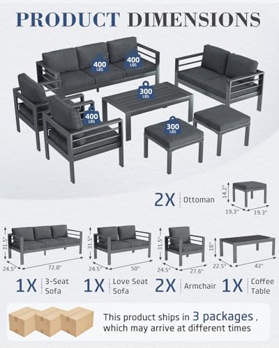 Image of AECOJOY Aluminum Patio Furniture Set, 9 Seats Modern Outdoor Furniture with Coffee Table, 7 Pieces Metal Conversation Sectional Sofa, Dark Gray