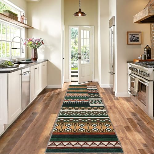 GarveeHome Vintage Patchwork Runner Rug 2x6 Washable Green Runners for Hallway, Non Slip Geometric Carpet, Stain Resistant Tribal Soft Mat, Low Pile Foldable Floor Cover for Entryway Bathroom Bedroom