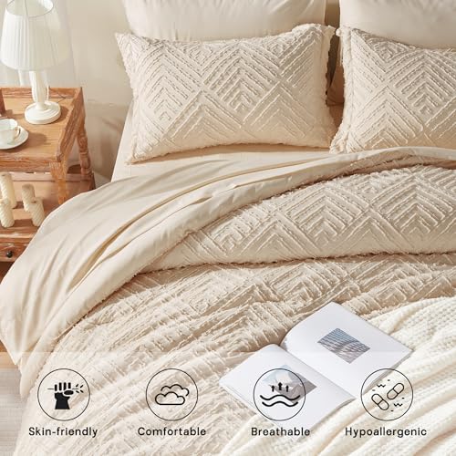 Image of Zzlpp Twin Comforter Set 5 Pieces, Beige Tufted Bed in a Bag with Comforter, Pillow Sham, Pillowcase, Flat Sheet, Fitted Sheet - All Season Boho Bedding Sets