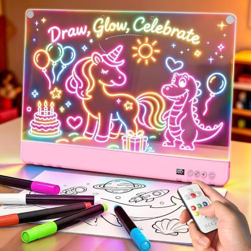 16.8 Inch LED Drawing Board, Rechargeable Remote Control Doodle with 12 Color Markers 15 Light Up Effects Erasable Writing Note Board Ideal Christmas Birthday Gifts for Girls Boys Kids (Pink)