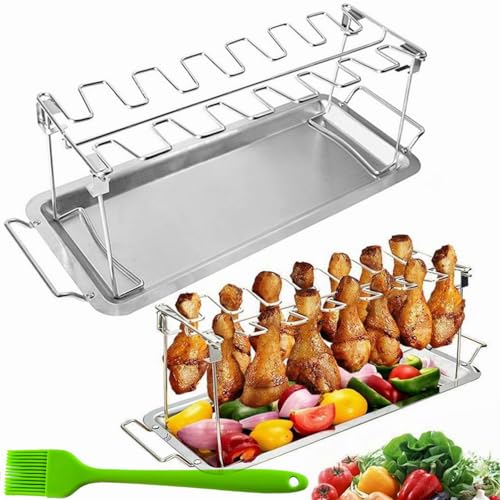 Chicken Leg Rack with Drip Tray, 14 Slots, Stainless Steel