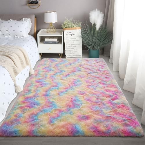 Rainbow Rug for Kids Room - Fluffy Shaggy Plush Area Carpet - 3x5 Size, Perfect for Nursery, Bedroom, Playroom & Dorm