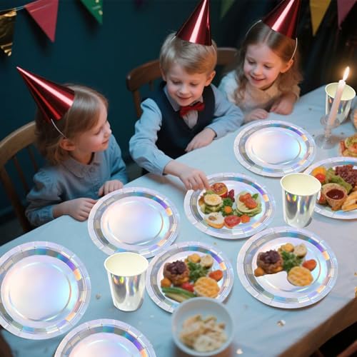 97 Pcs Laser Foil Tableware for Her Him,Laser Party Plates Paper Cups and Napkins for Birthday Decoration,Sparkling Laser Silver Tablecloth for Christmas Dinnerware Wedding,Baby Shower Party Tableware - Image 5