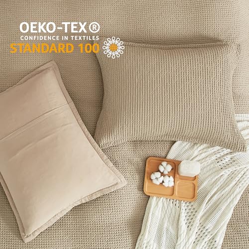 SE SOFTEXLY Waffle Duvet Cover King, 100% Cotton Waffle Weave Bedding Duvet Cover Set, Soft and Breathable Comforter Cover for All Season, 3 Pieces Including Pillow Shams(Khaki, 104”x90”)