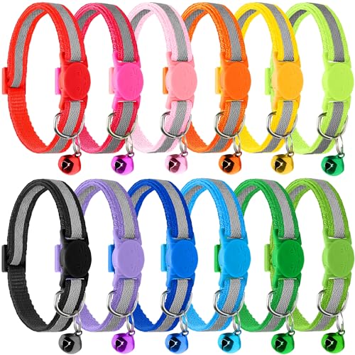 Paquete de 12 collares reflectantes para gatos con campana, hebilla de liberación rápida de seguridad, collar ajustable de 19 a 32 cm para todos los gatos domésticos, gatitos, mascotas, machos y
